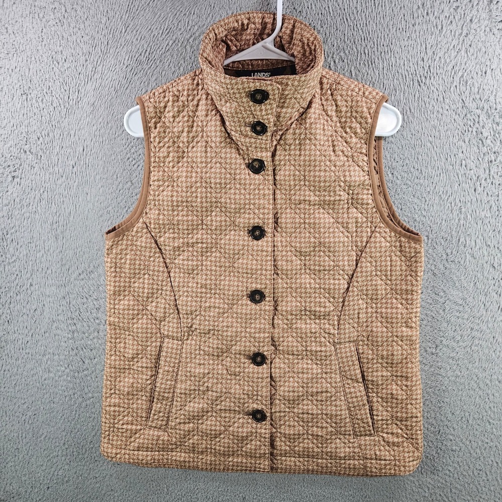 Lands End Womens Quilted Vest Tan Houndstooth Button Front Stand Collar S 6-8